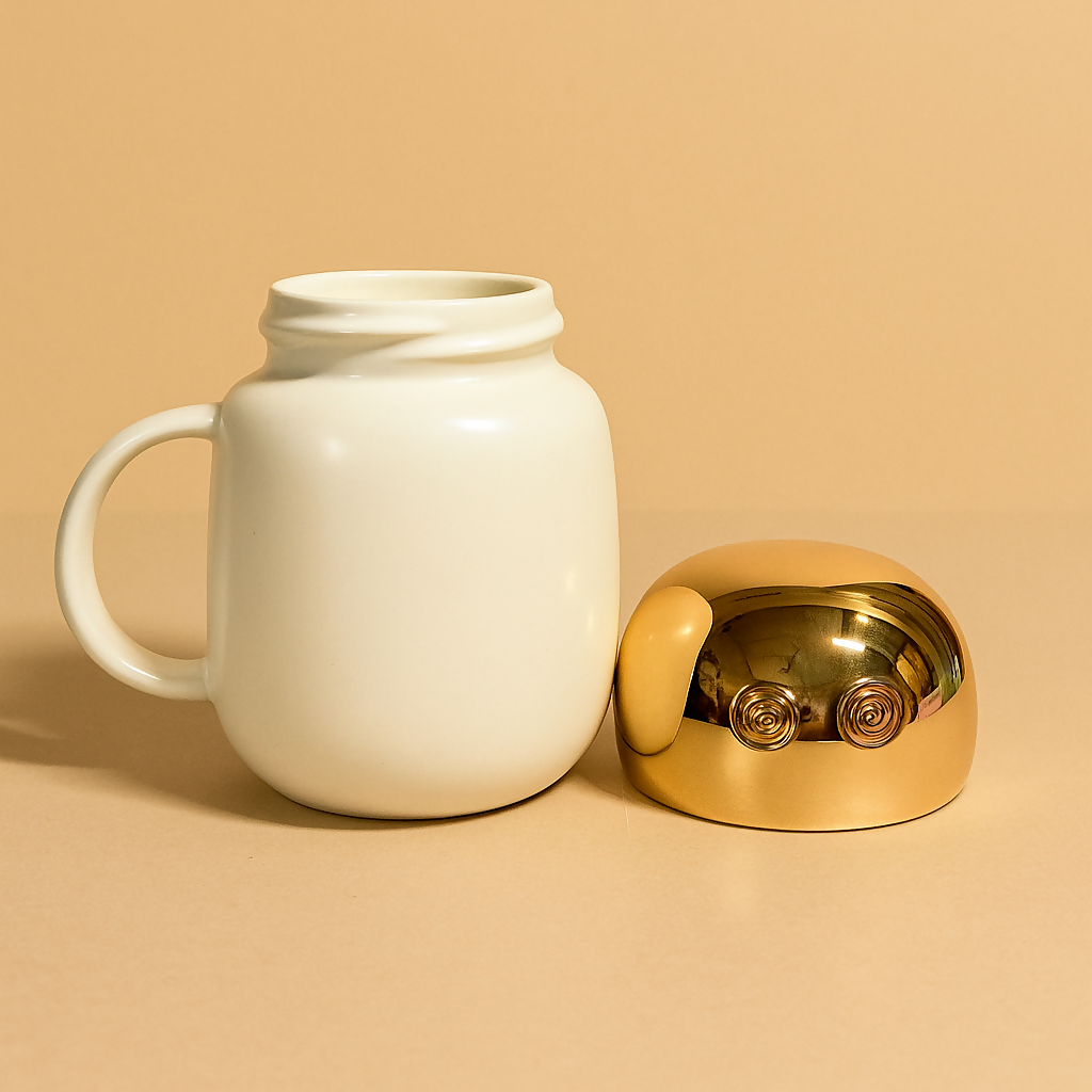 Cute Panda Ceramic Coffee Mug with Golden Lid – “I Hate Mornings†Design