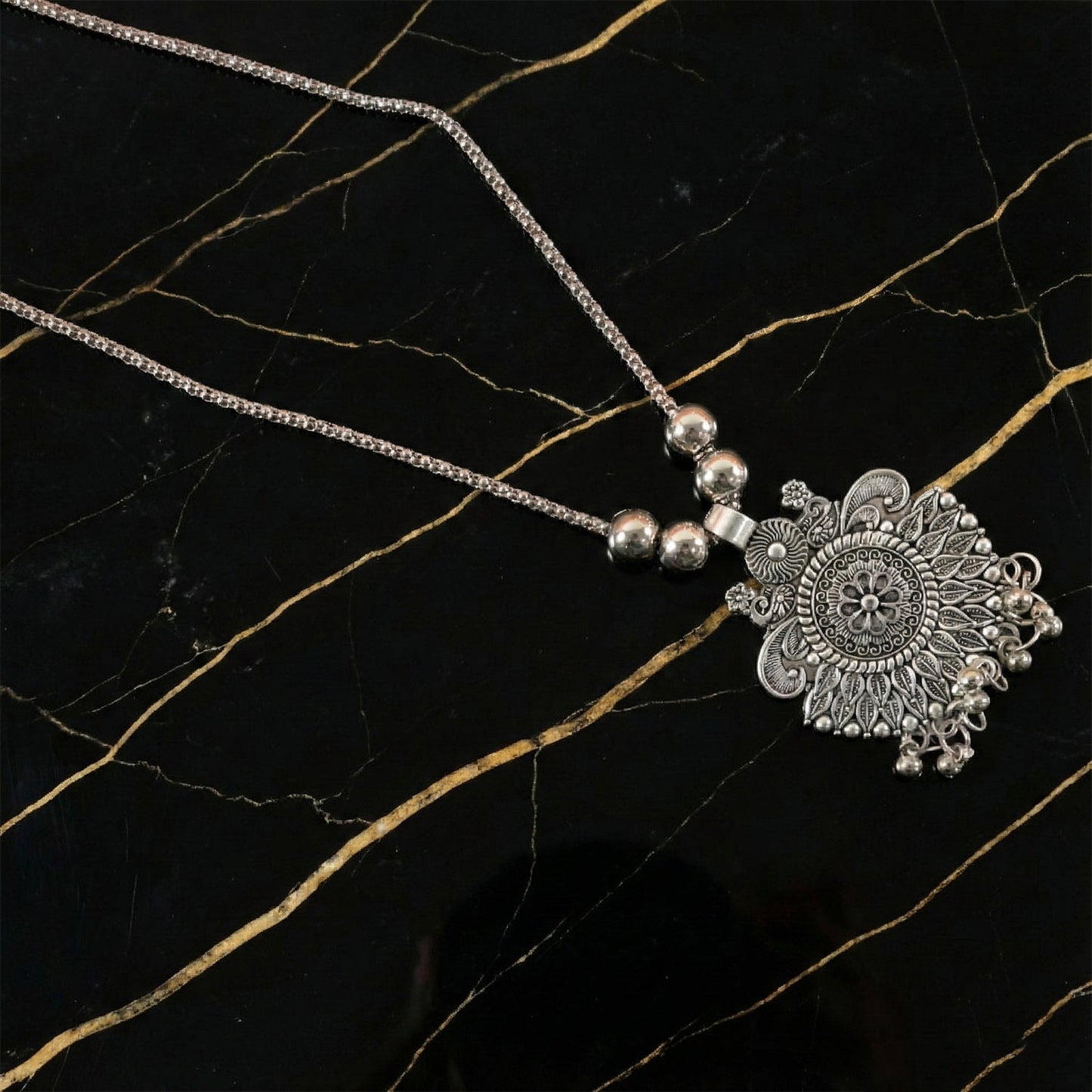 Oxidized Silver Finish Sunburst Floral Pendant Necklace (1 Pc)