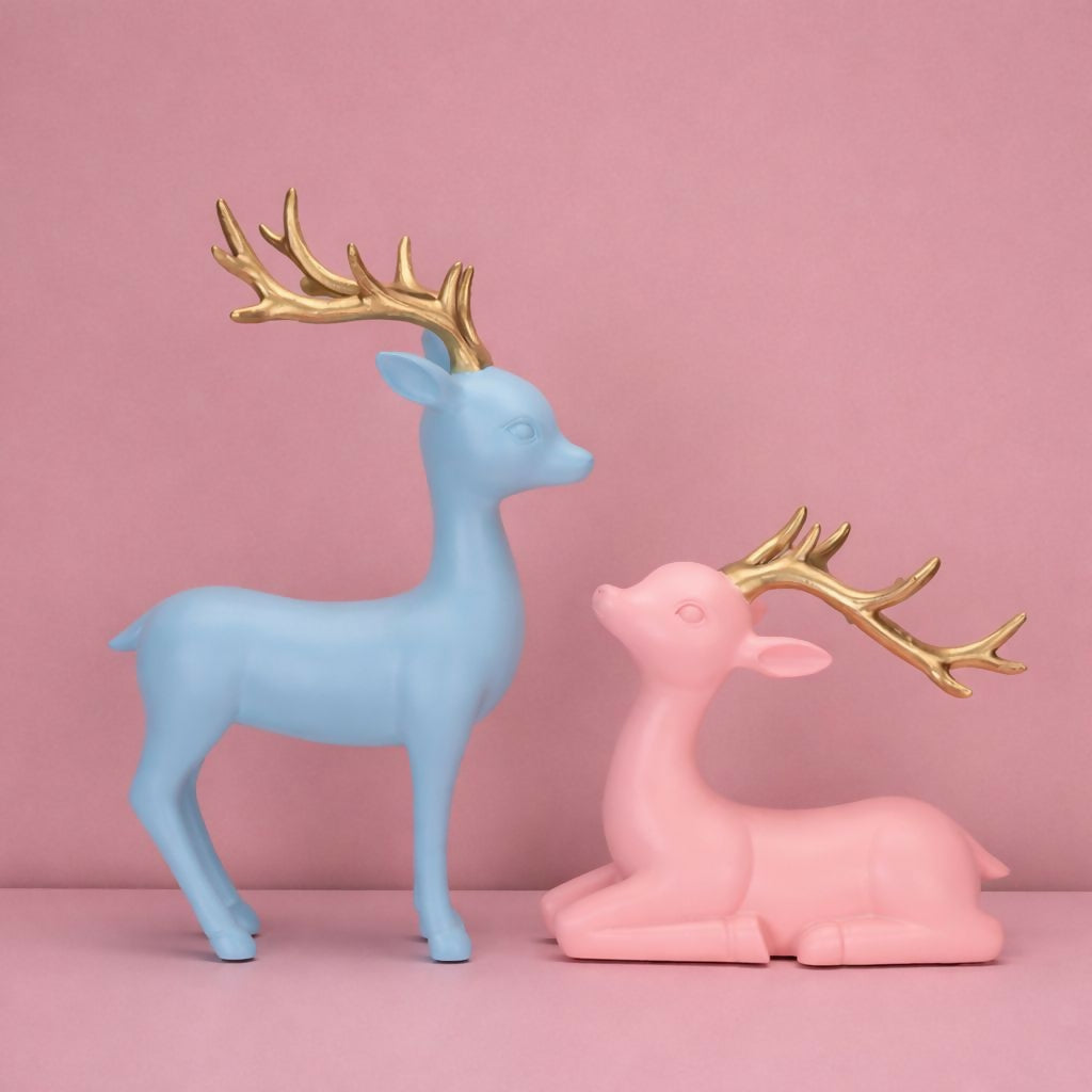 Pastel Deer Showpiece Set with Golden Antlers for Home Decor