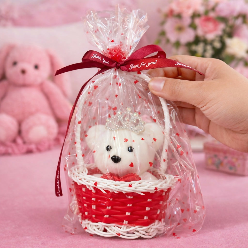 Red Cute Teddy Gift Basket with Crown Decorative Showpiece
