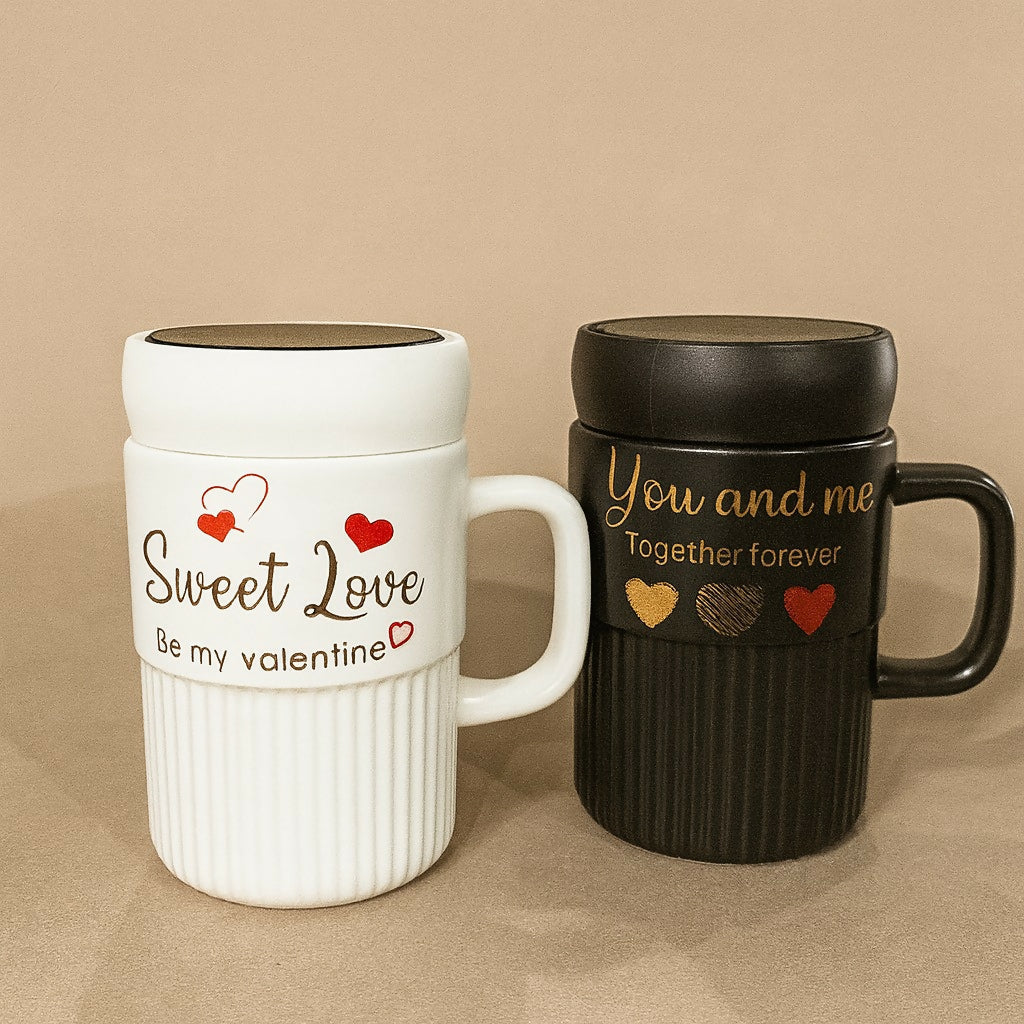 Premium Sweet Love Ceramic Mug with Lid & Spoon | Romantic Valentine Gift Cup for Couples | Leak-Resistant Lid, Large Capacity Coffee/Tea Mug | “Sweet Love†& “You & Me†Printed Heart Design | Microwave Safe | Ideal for Gifting