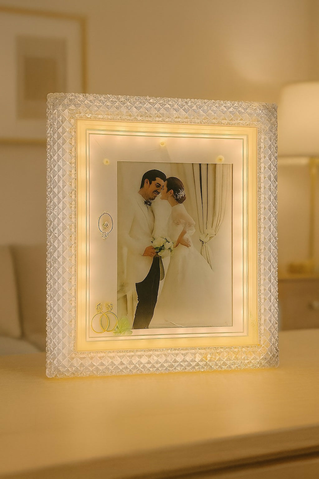 Premium LED Crystal Wedding Photo Frame with 3D Ring Decor for Bedroom Decoration