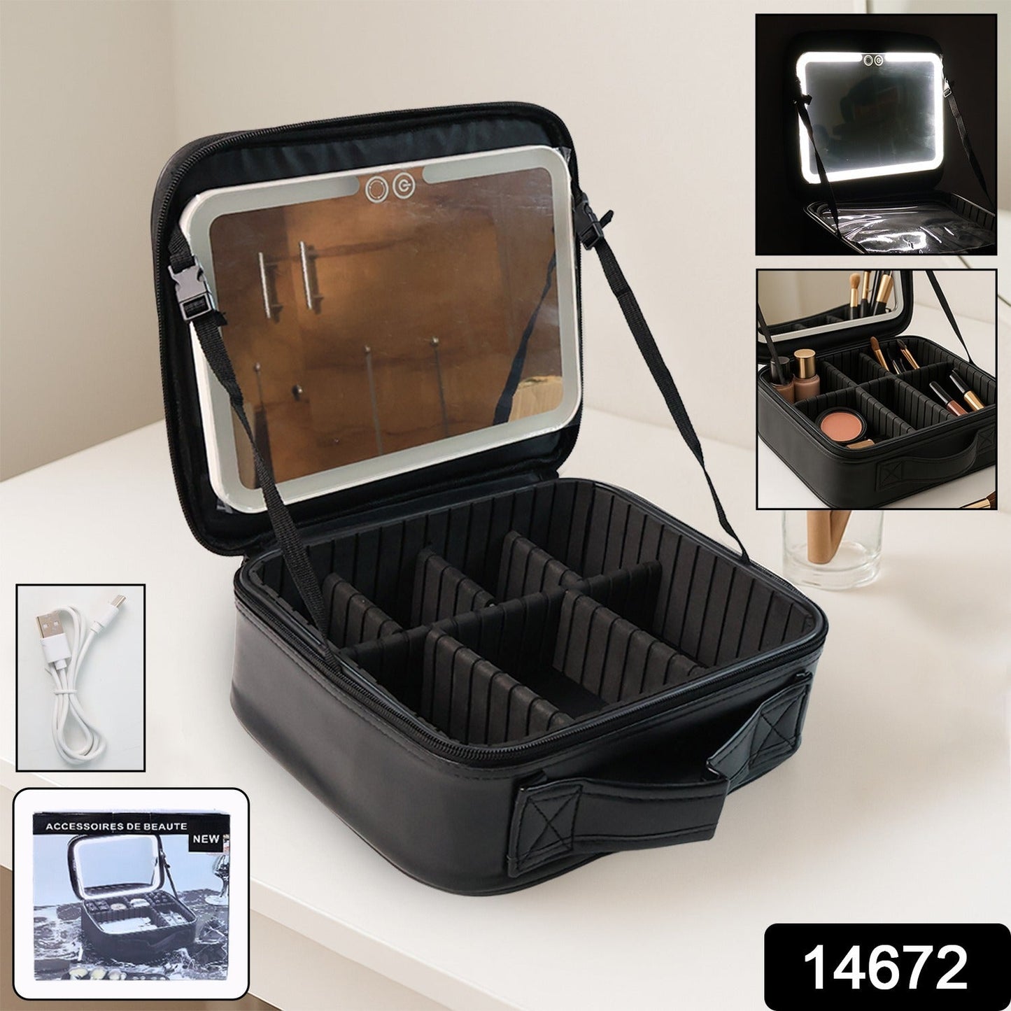 Black Premium LED Light Makeup Organizer Box (1 Pc)