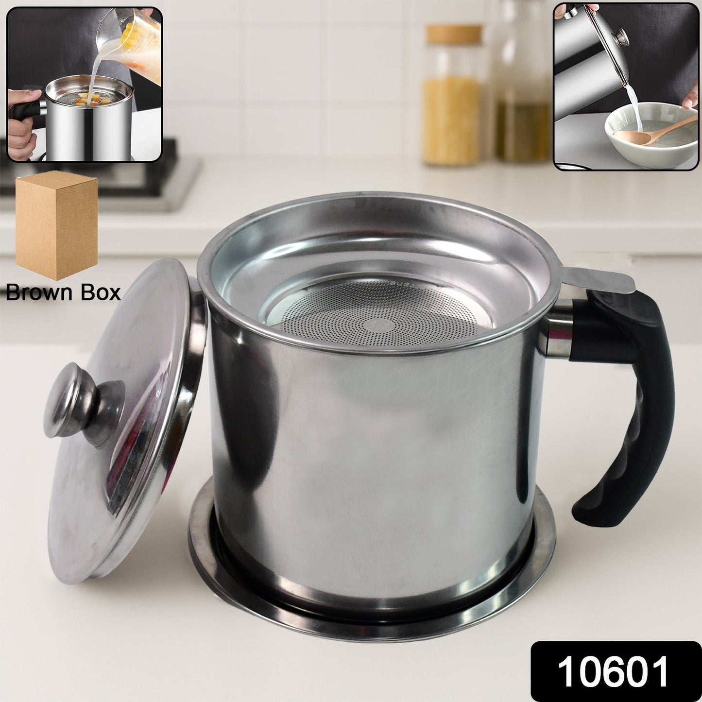 Stainless Steel Oil Strainer Pot with Lid and Filter Mesh (1 Set)