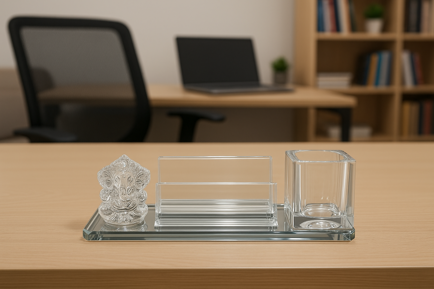 Glass Desktop Organizer with Ganesh Idol – 3-in-1 Gift Set