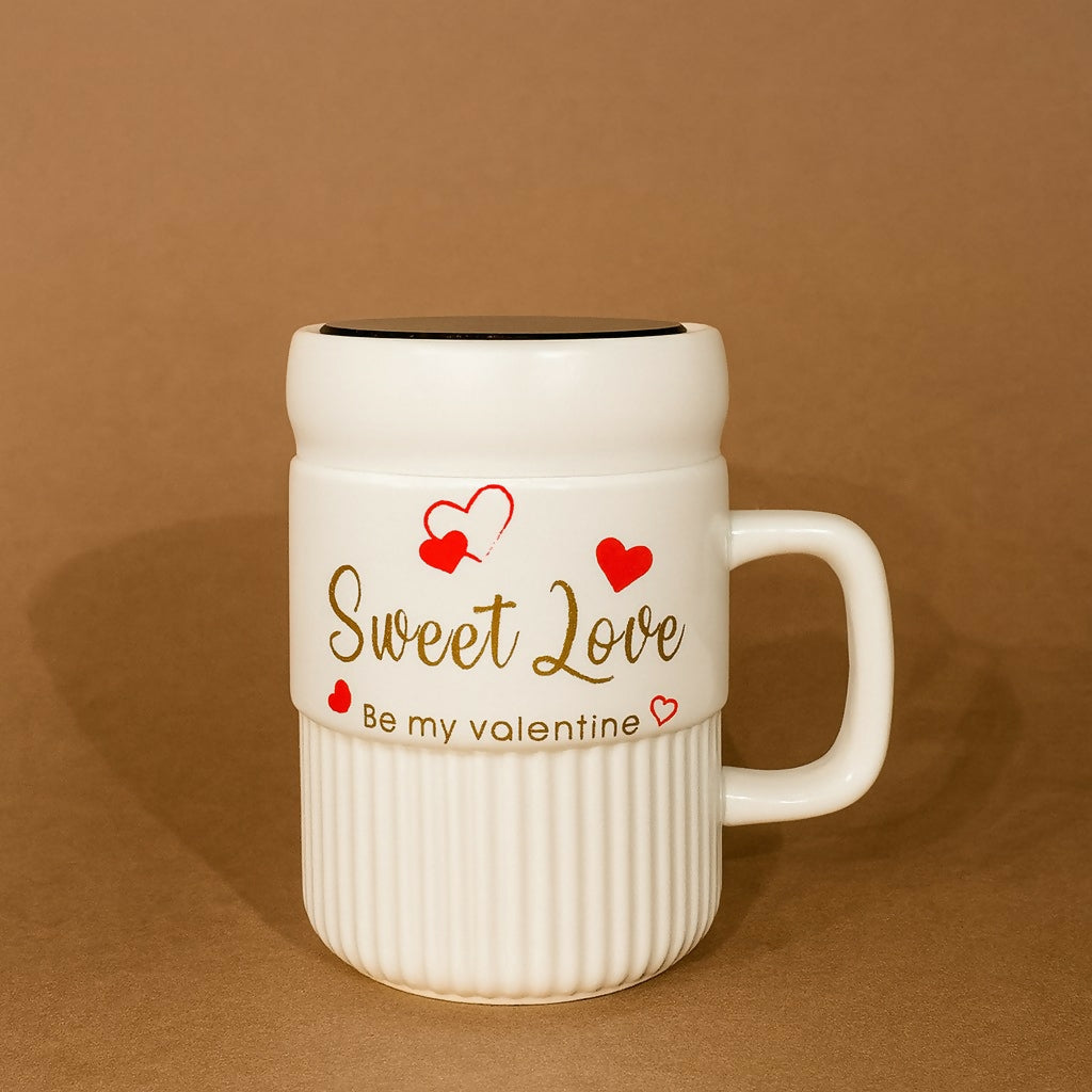 Premium Sweet Love Ceramic Mug with Lid & Spoon | Romantic Valentine Gift Cup for Couples | Leak-Resistant Lid, Large Capacity Coffee/Tea Mug | “Sweet Love†& “You & Me†Printed Heart Design | Microwave Safe | Ideal for Gifting