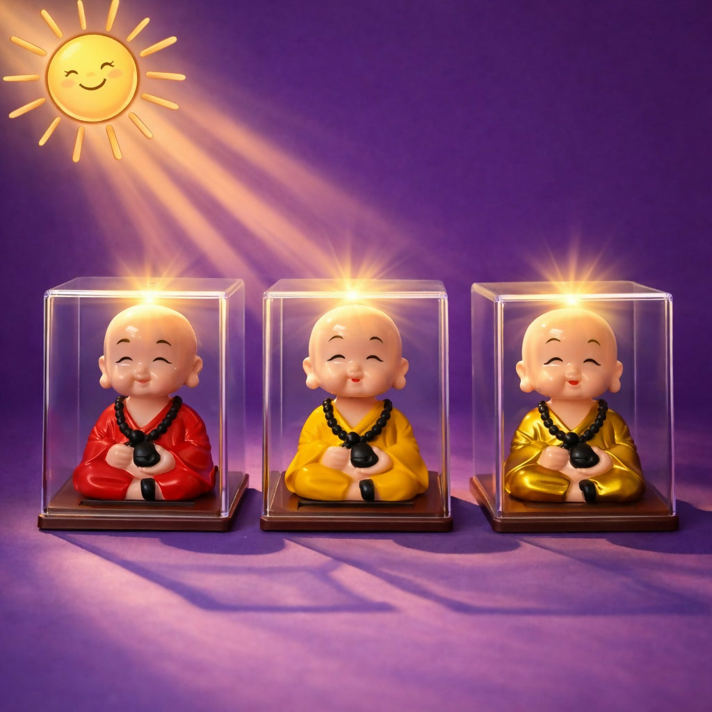 Solar Monk Bobble Head with Moving Head in Clear Display Case (Color may vary)