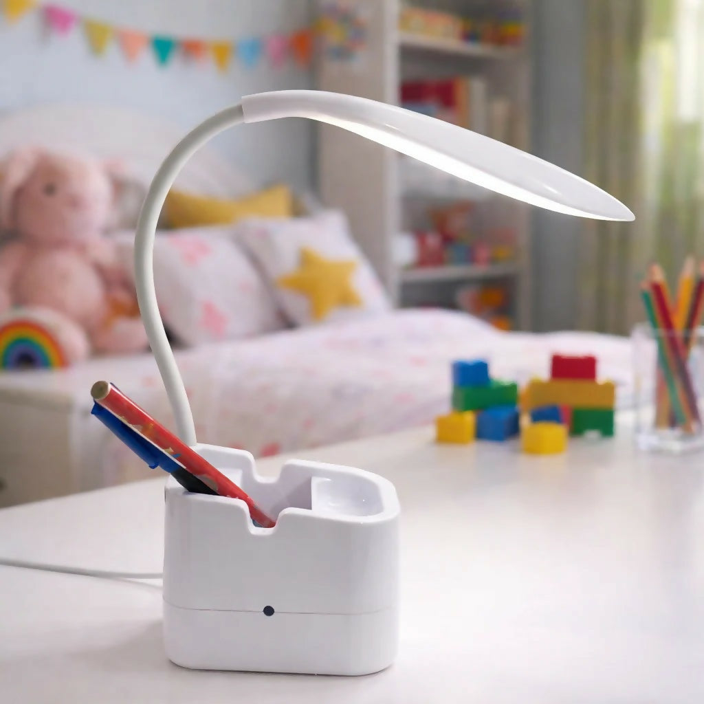 White LED Desk Lamp with Mobile Stand & Pen Holder, USB Charging Light