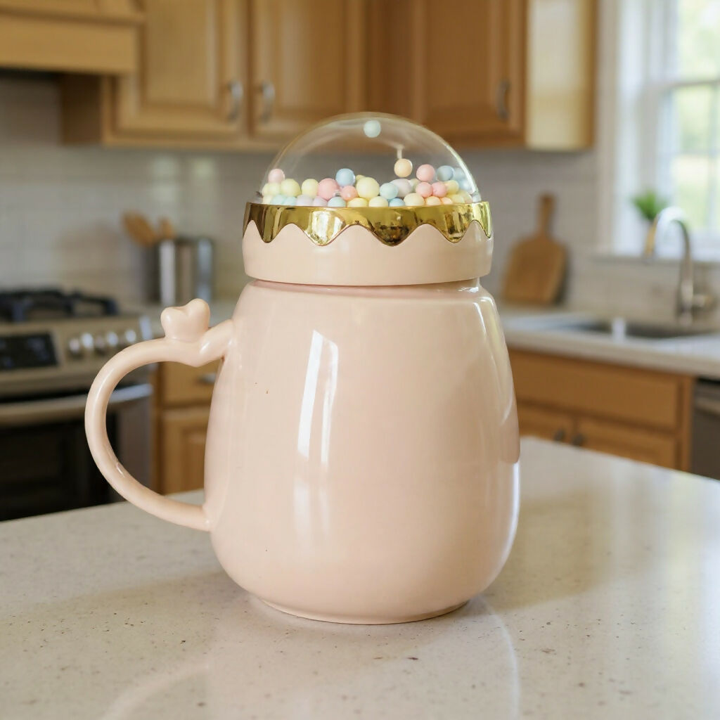 Cute Printed Ceramic Mug with Dome Lid, Coffee Tea Cup ( Color may vary )