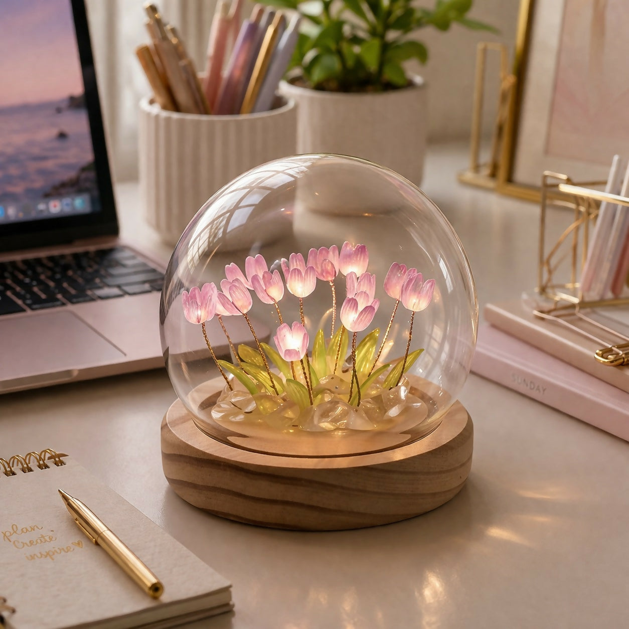 DIY Tulip Night Light Kit LED Glass Dome Decorative Table Lamp