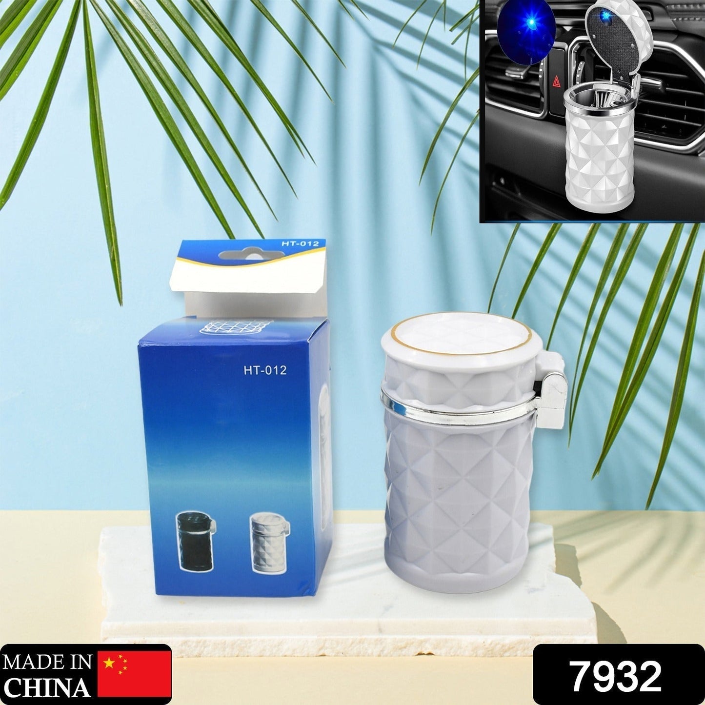 Car Cupholder LED Ashtray – Portable with Blue Light, Lid & Waste Bin, Cigarette Ashtray