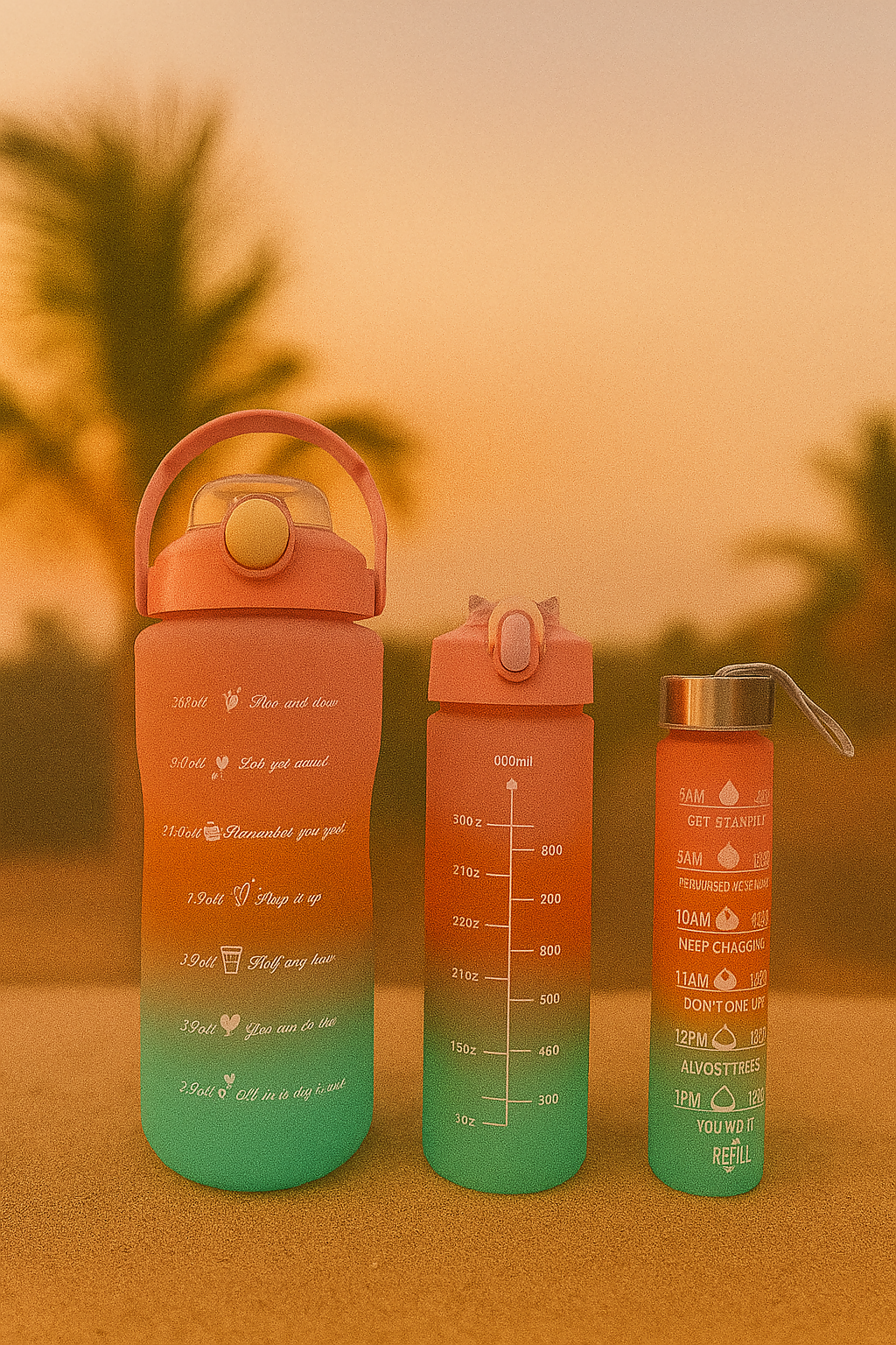 GlowSip Coral Gradient Water Bottle Set – 3-Pack (300ml–1L)