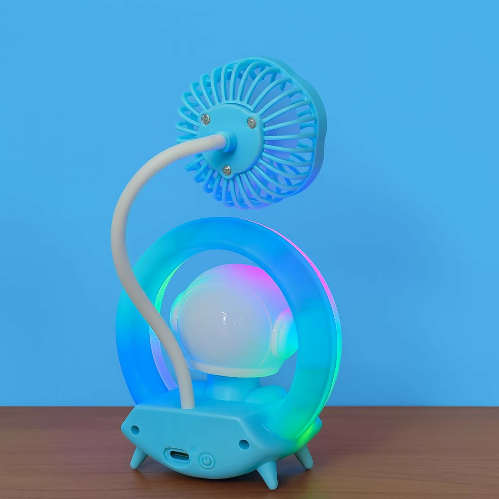 Blue Astronaut Desk Fan with LED Ring Light USB Table Lamp