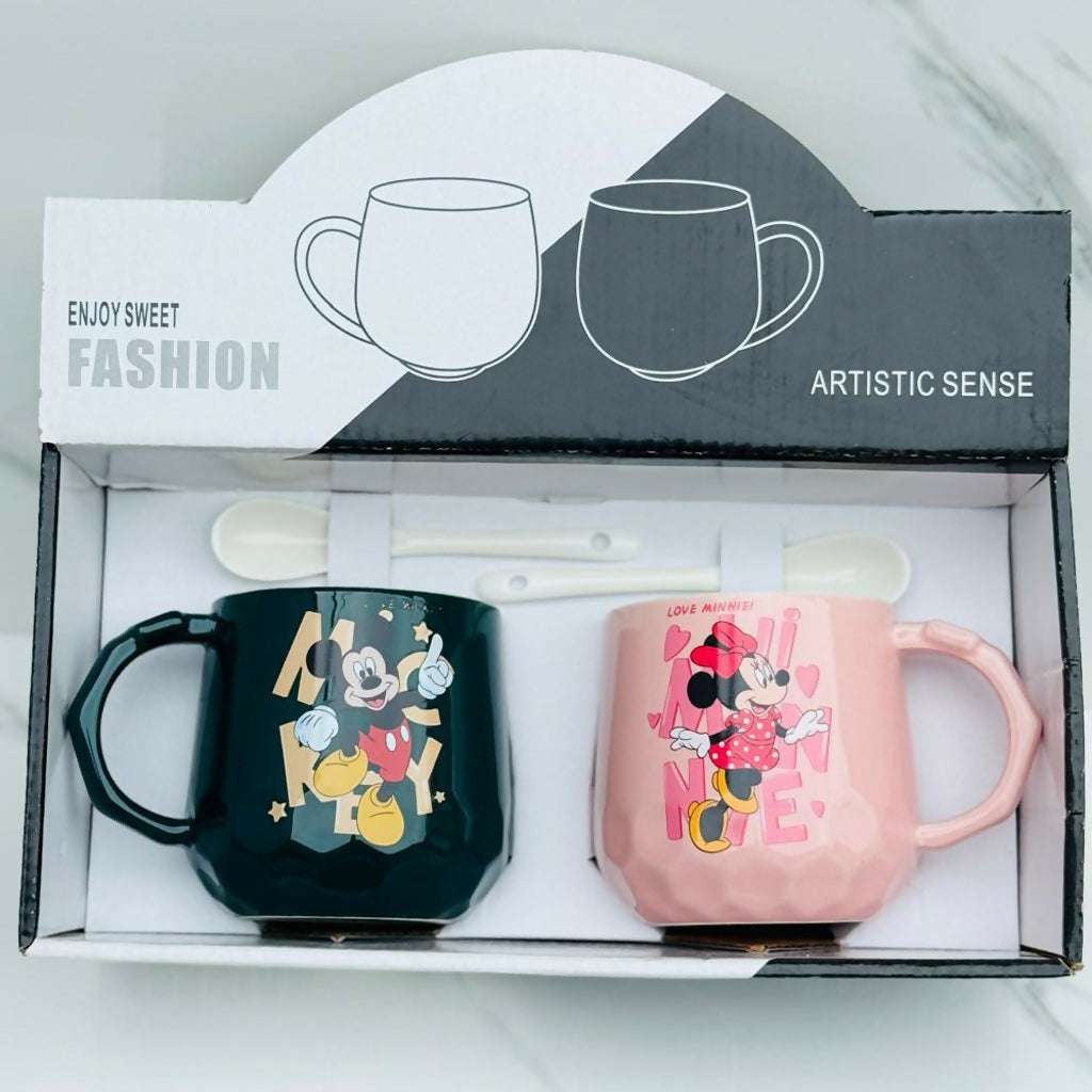 Cartoon Couple Printed Ceramic Mug Set of 2 with Spoons Gift Set (Design may vary)
