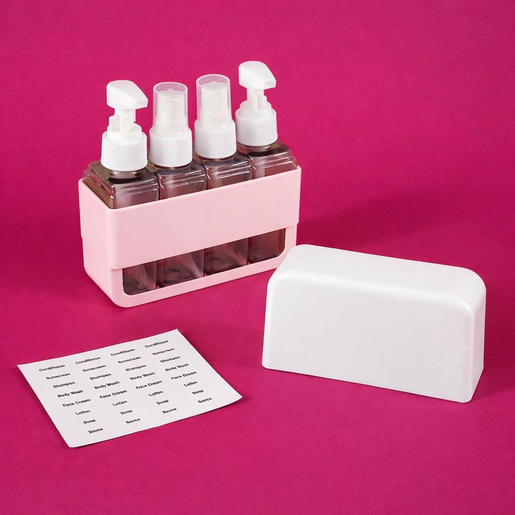 Pink Travel Refillable Bottle Set with Pump and Spray Dispensers