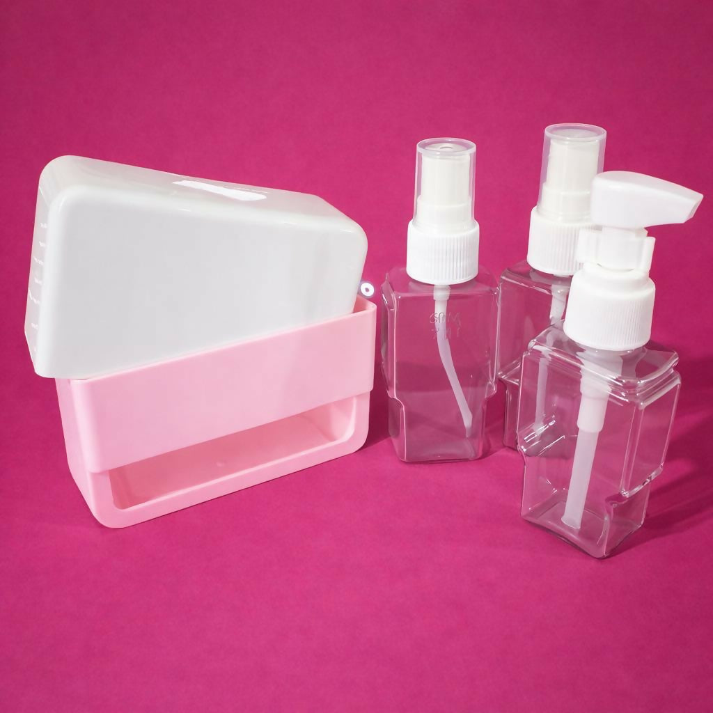 Pink Travel Refillable Bottle Set with Pump and Spray Dispensers
