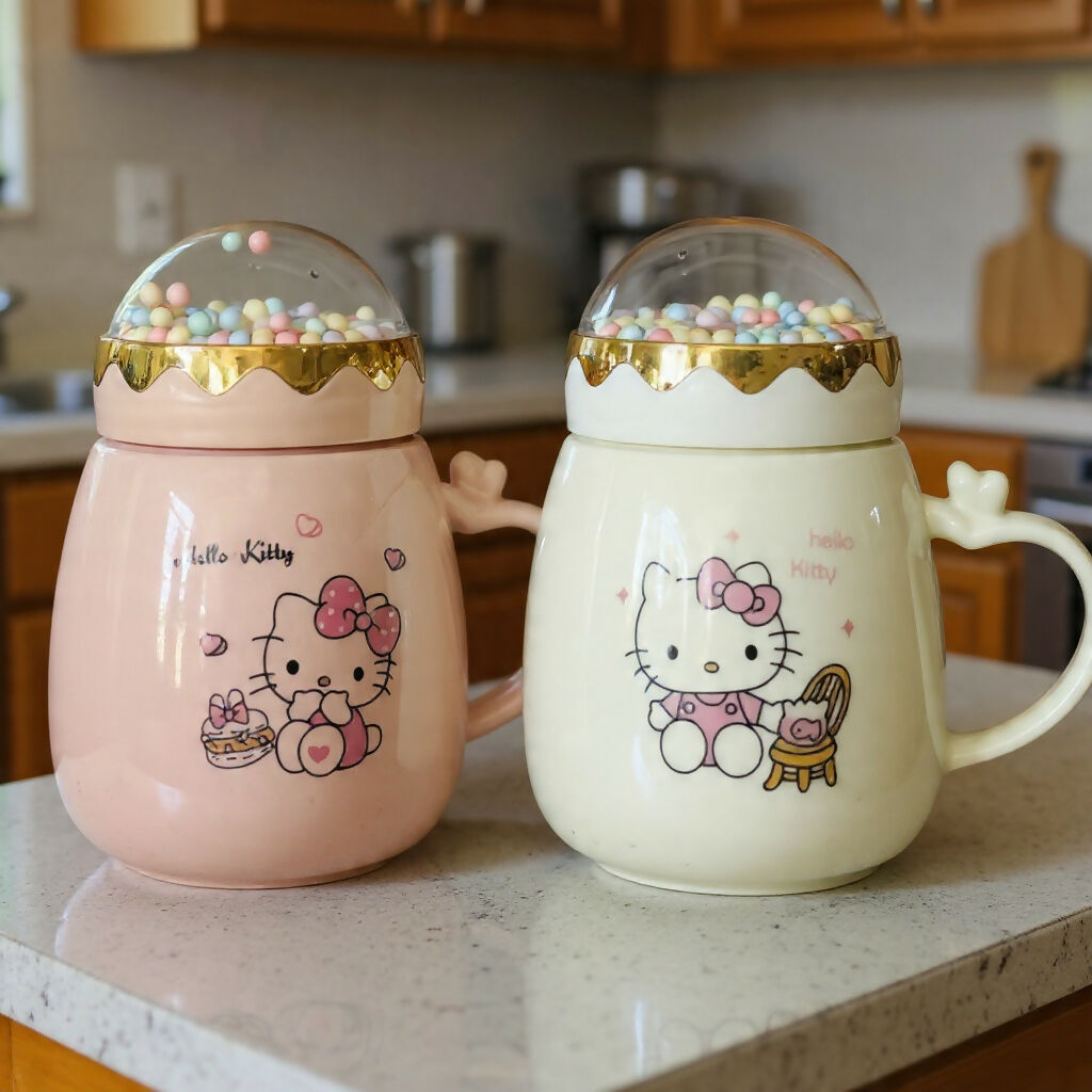 Cute Printed Ceramic Mug with Dome Lid, Coffee Tea Cup ( Color may vary )