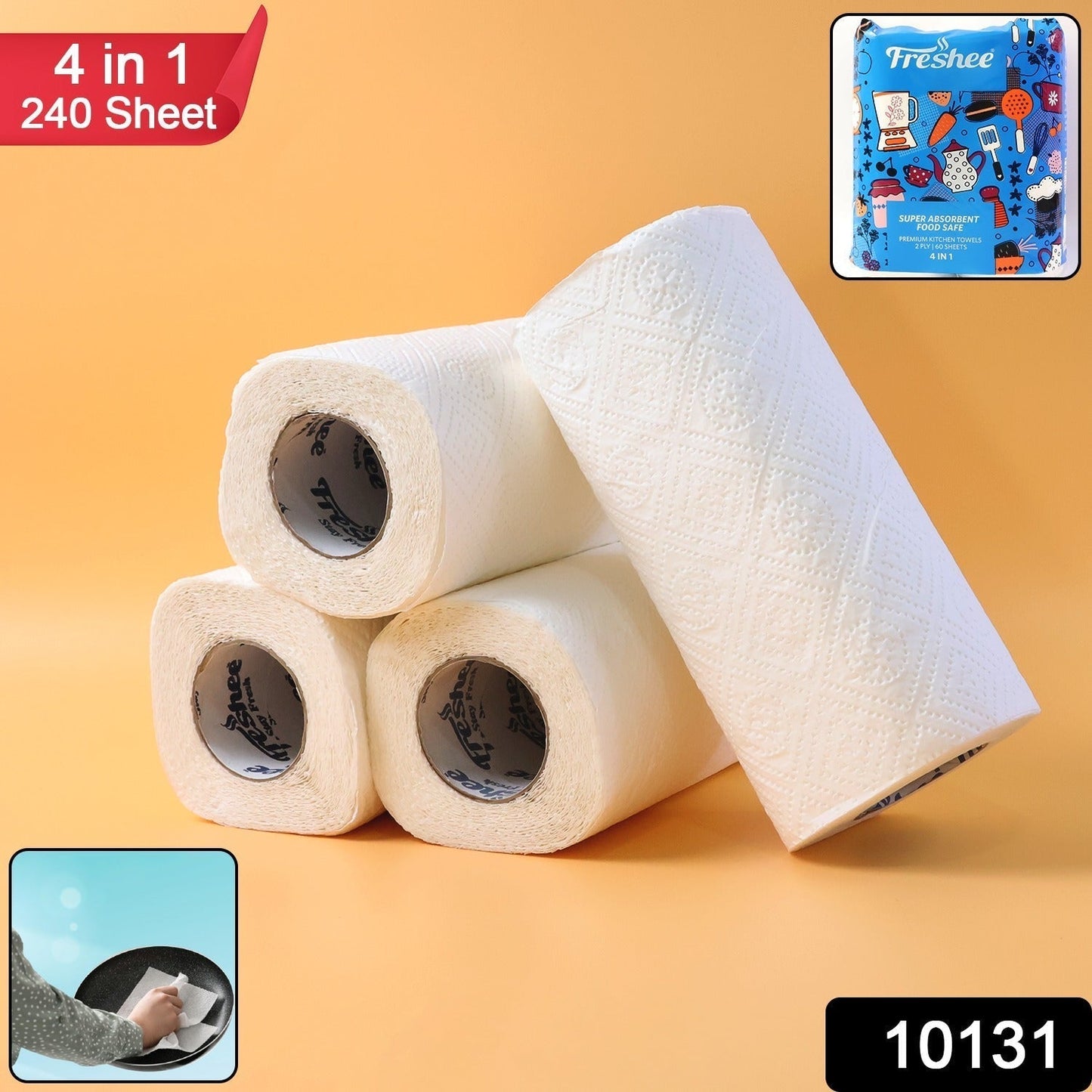 Freshee Super-Absorbent Kitchen Roll 4-in-1 Paper Towels (4 Rolls × 60 Sheets = 240 Sheets)