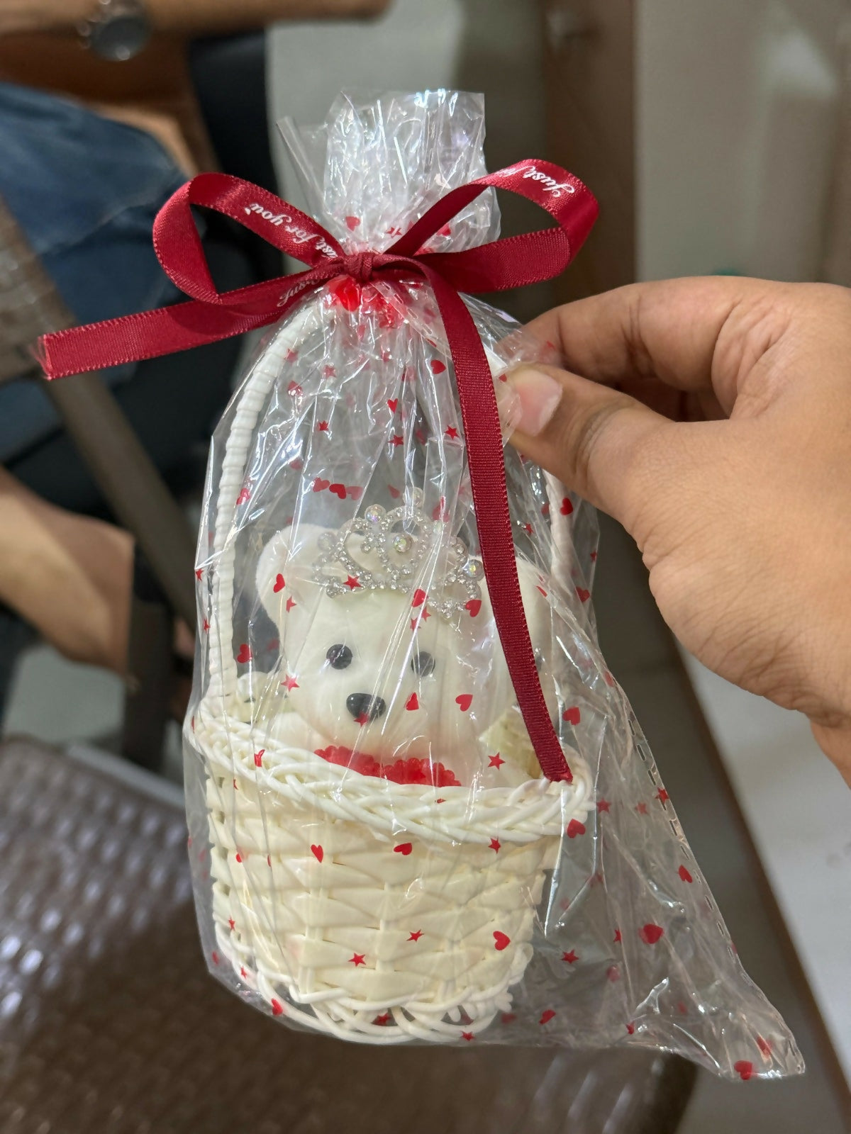 White Cute Teddy Basket Gift Set with Crown Decorative Showpiece