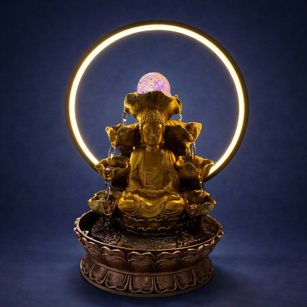 Buddha Water Fountain with LED Ring Light Decorative Tabletop
