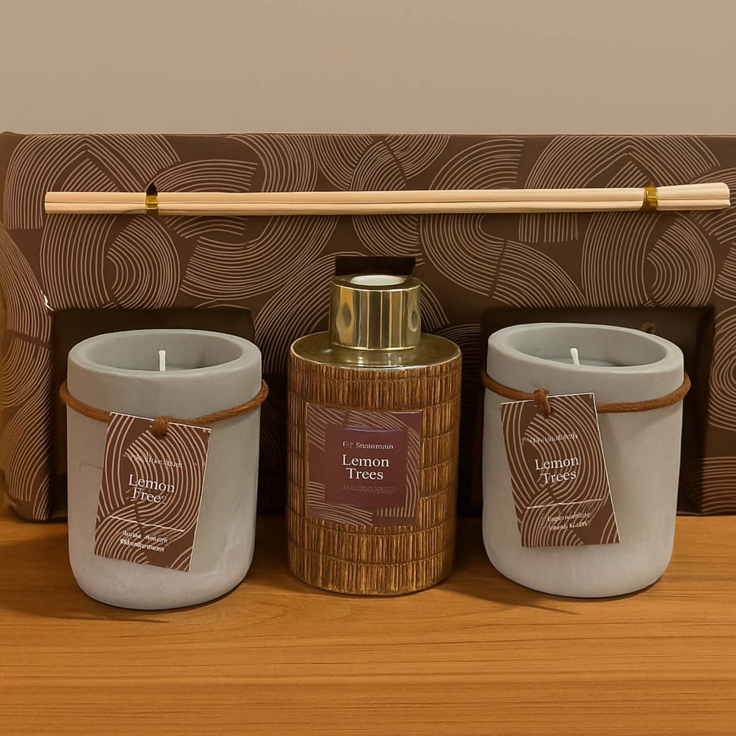 Lemon Trees Premium Aromatherapy Gift Set – Scented Candle & Reed Diffuser Combo in Concrete Jars with Wooden Accents, Relaxing Home Fragrance Set for Living Room, Bedroom, Spa & Office Décor