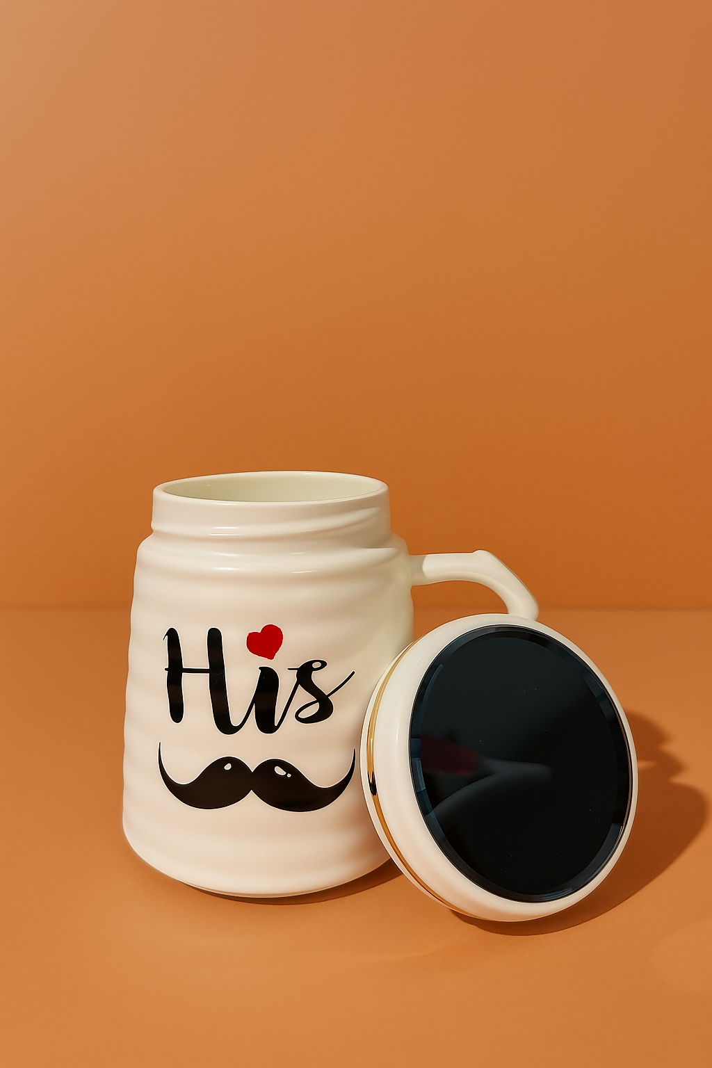 Stylish White Ceramic "His" Coffee Mug with Mustache Print and Lid
