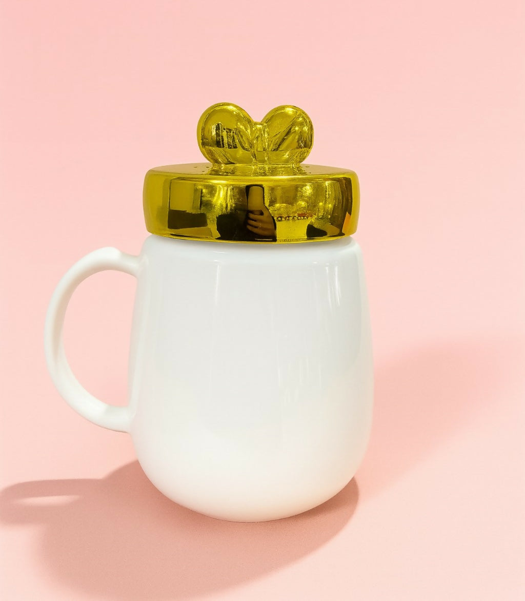 “This is Love†Ceramic Mug with Golden Heart Lid & Pink Bow Print