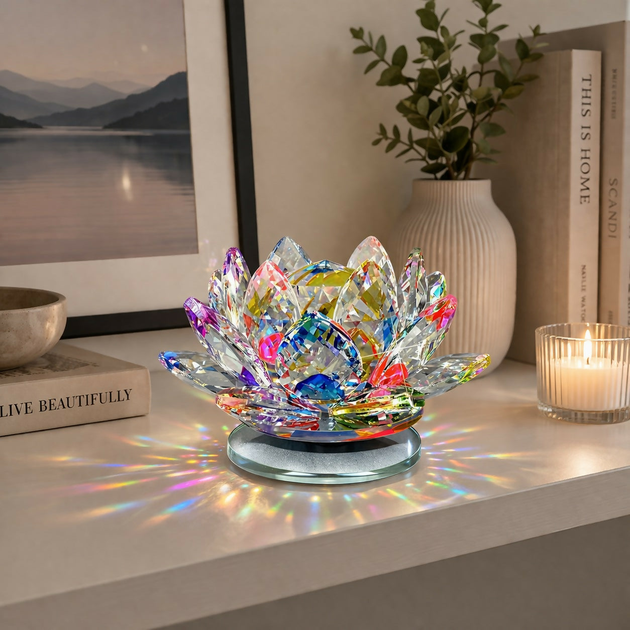 Crystal Lotus Decorative Showpiece with Multicolor Light Reflection