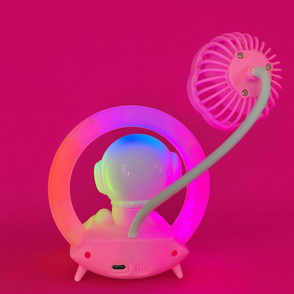 Pink Astronaut Desk Lamp with Fan & Color Light Ring Table Decor