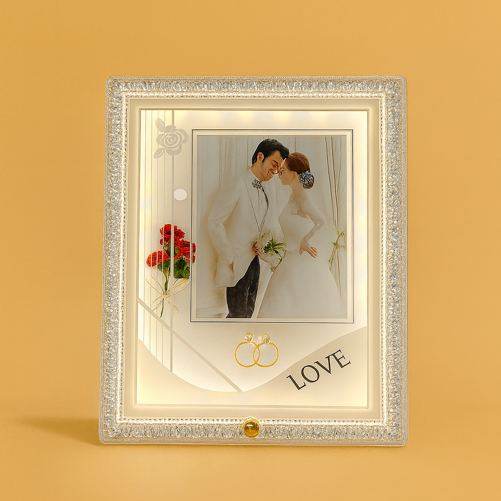 Crystal White LED Wedding Photo Frame | Elegant Square Illuminated Picture Frame with Decorative Floral Design & Rings | 4x6 Inch Couple Photo Frame | Romantic Gift for Wedding, Anniversary, Valentine’s Day & Home Décor
