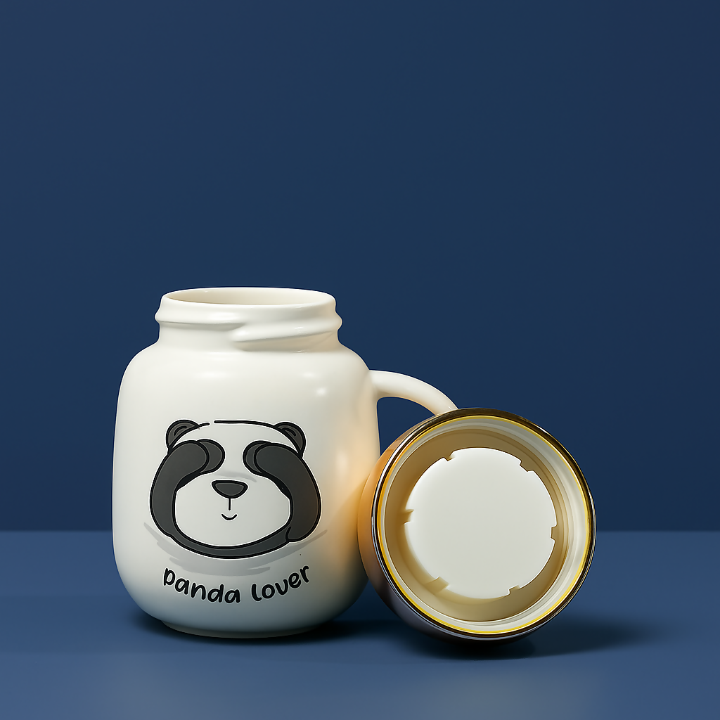 Cute Panda Ceramic Coffee Mug with Golden Lid – “I Hate Mornings†Design