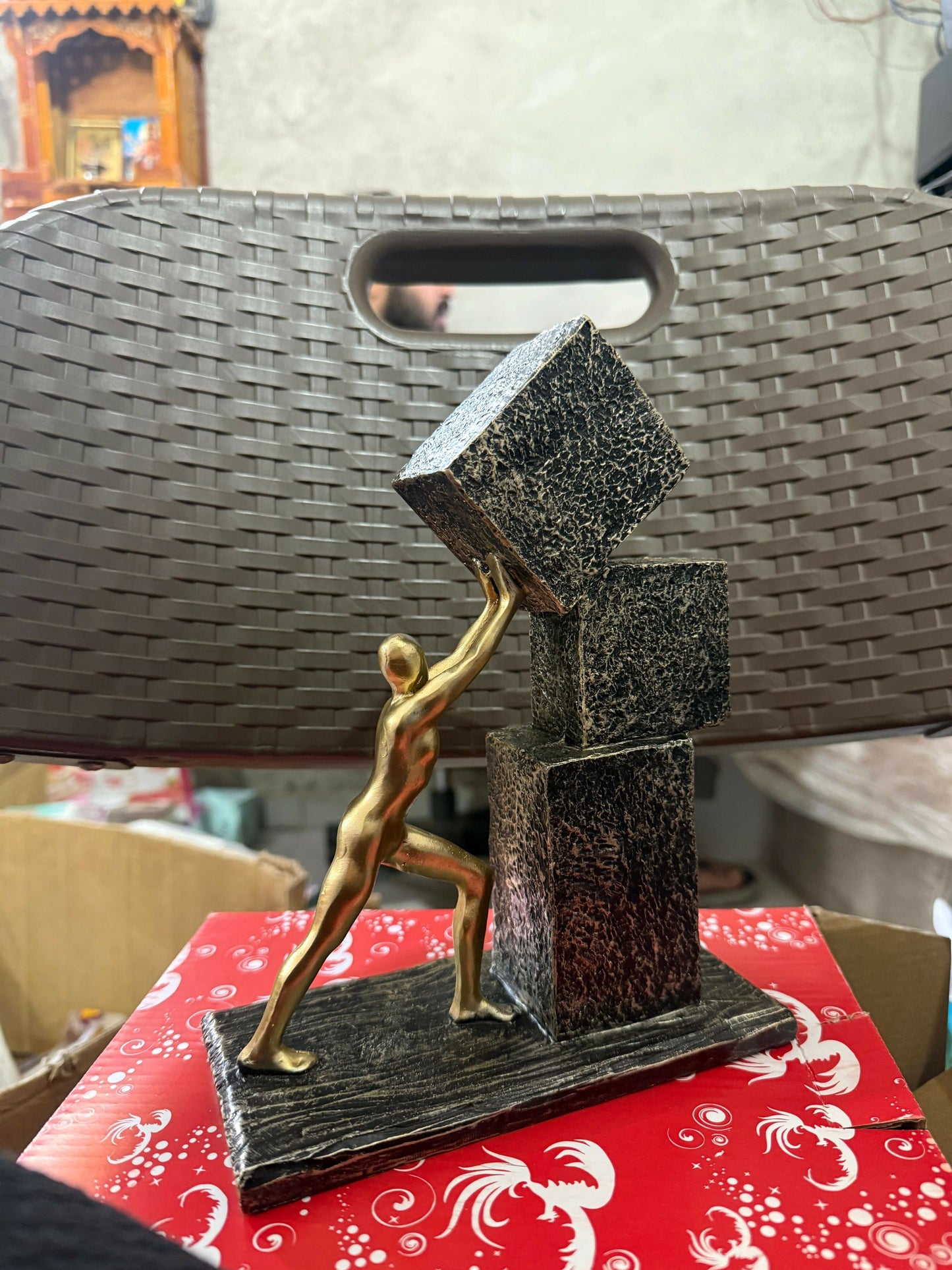 Abstract Human Figure Pushing Block Sculpture Home Decor (Color may vary)