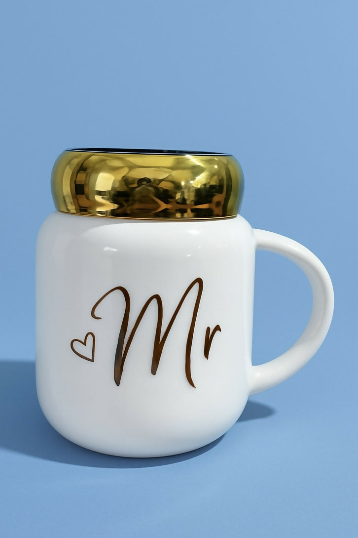 Elegant White Ceramic “Mr†Mug with Detachable Golden Lid