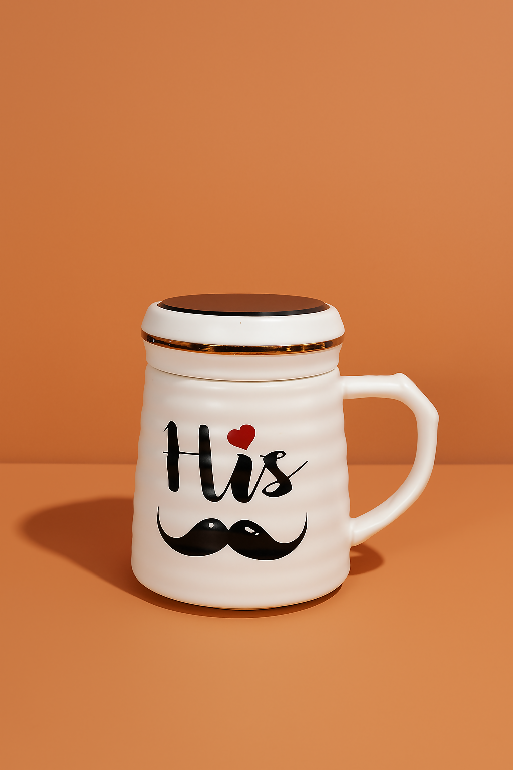Stylish White Ceramic "His" Coffee Mug with Mustache Print and Lid