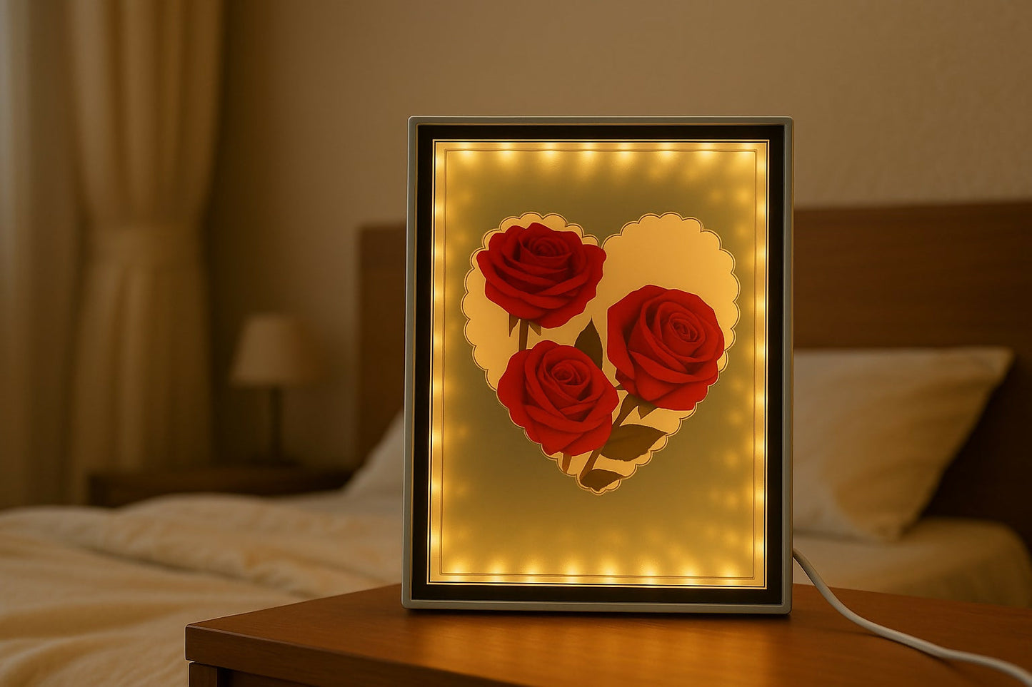 LED Rectangle Photo Frame with Rose Heart Design for Romantic Gift