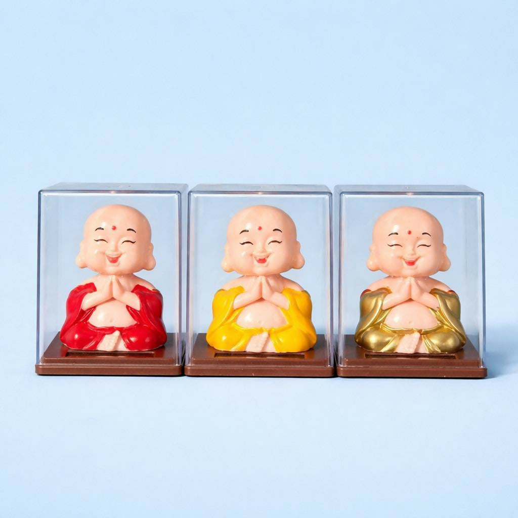 Solar Laughing Monk Bobble Head with Moving Head Display Case (Color may vary)
