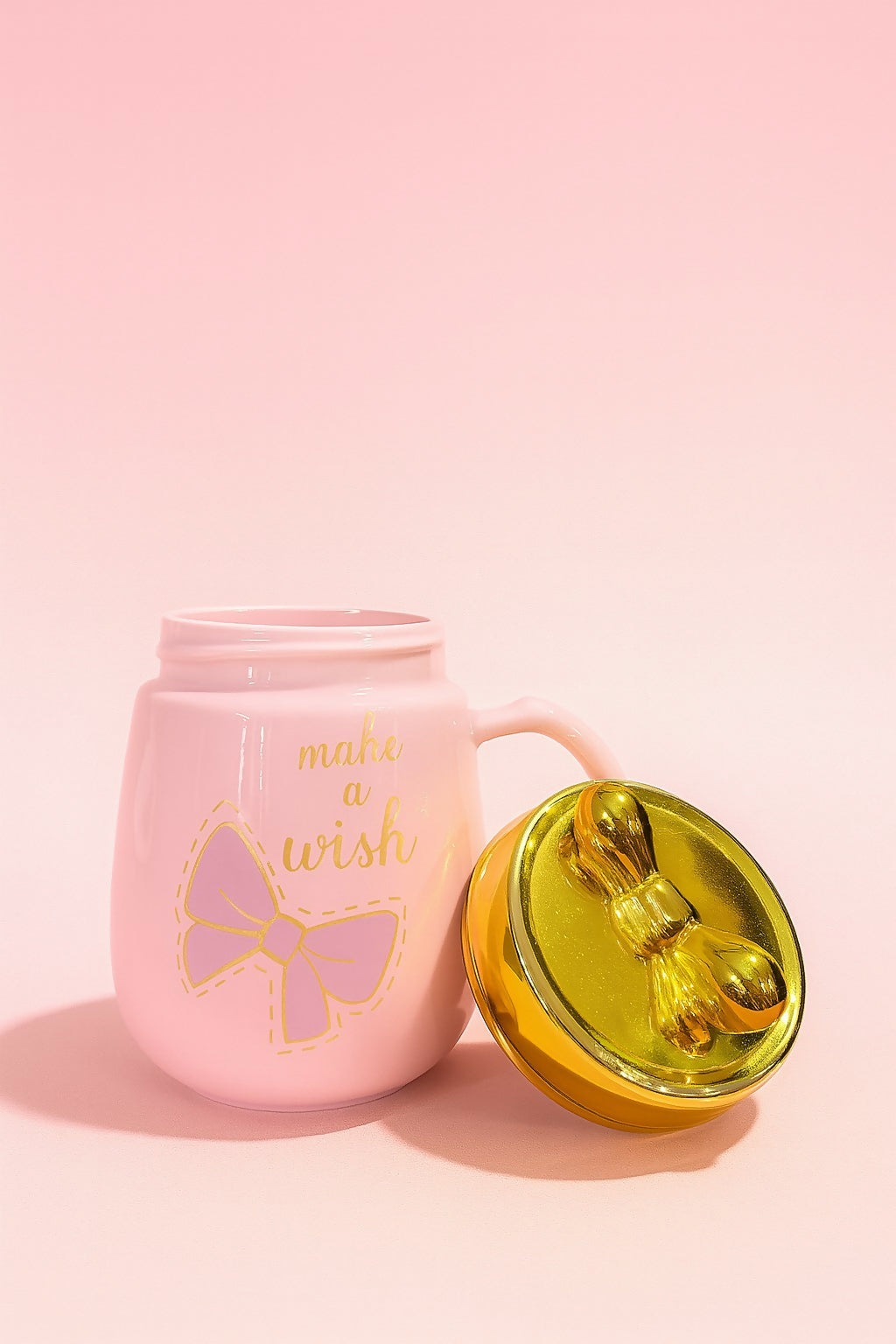 Make a Wish Pink Ceramic Coffee Mug with Golden Lid and Bow Design – 350ml