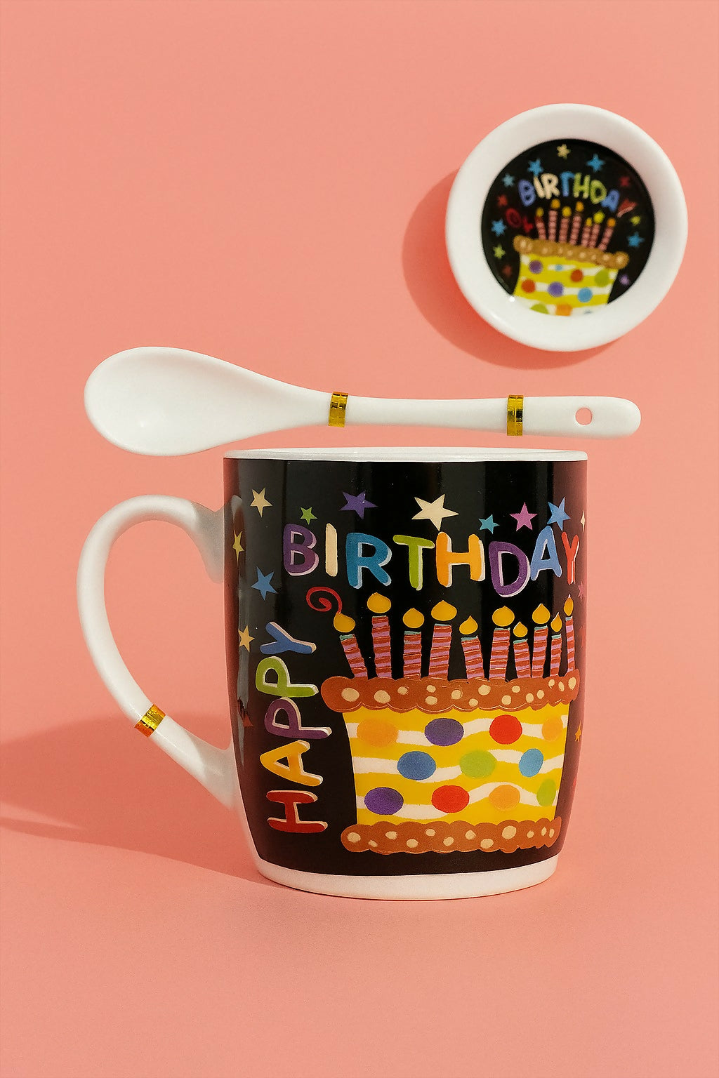 Happy Birthday Ceramic Mug Gift Set – Set of 2 Printed Coffee Mugs with Spoons