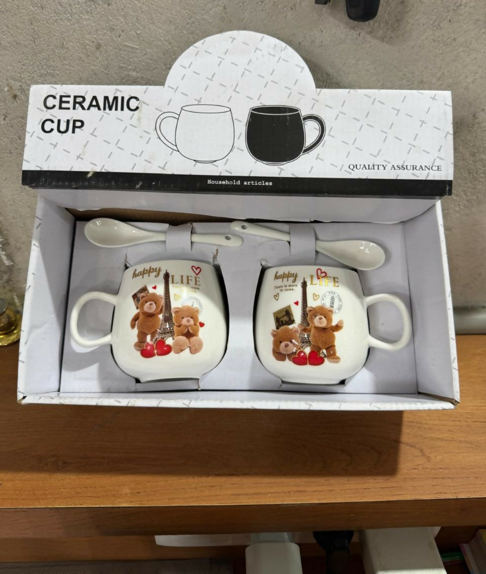 Teddy Bear Couple Ceramic Mug Set with Spoons – Gift for Couples