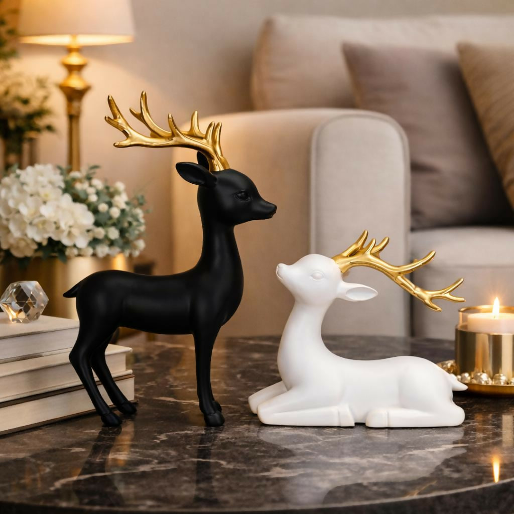 Black and White Deer Showpiece Set with Golden Antlers for Home Decor