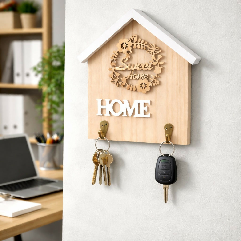 Wooden Home Key Holder Wall Mount with 2 Hooks Organizer