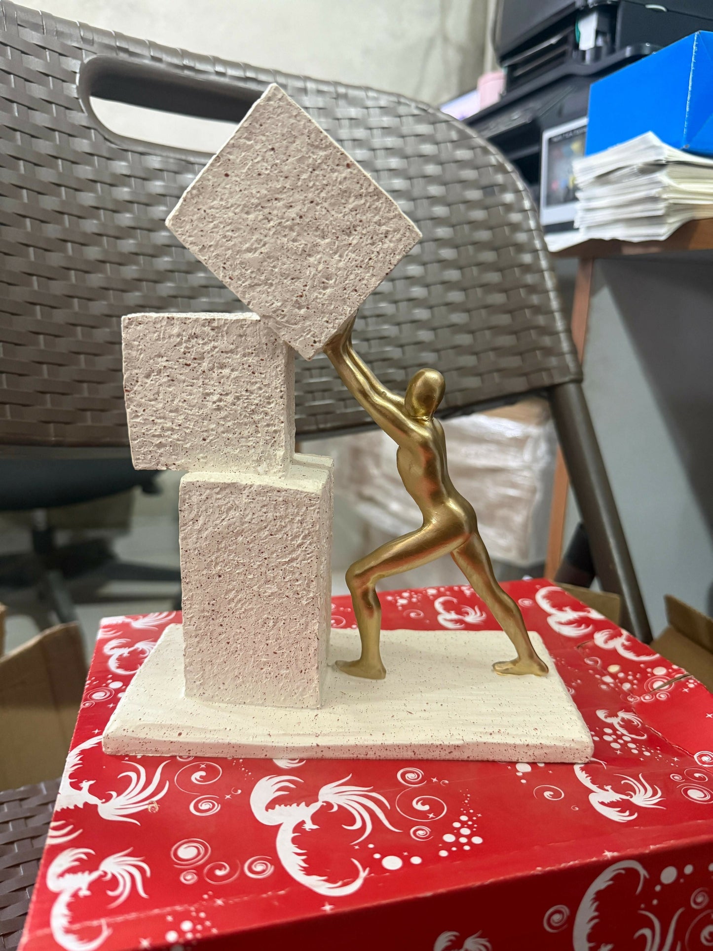 Abstract Human Figure Pushing Block Sculpture Home Decor (Color may vary)