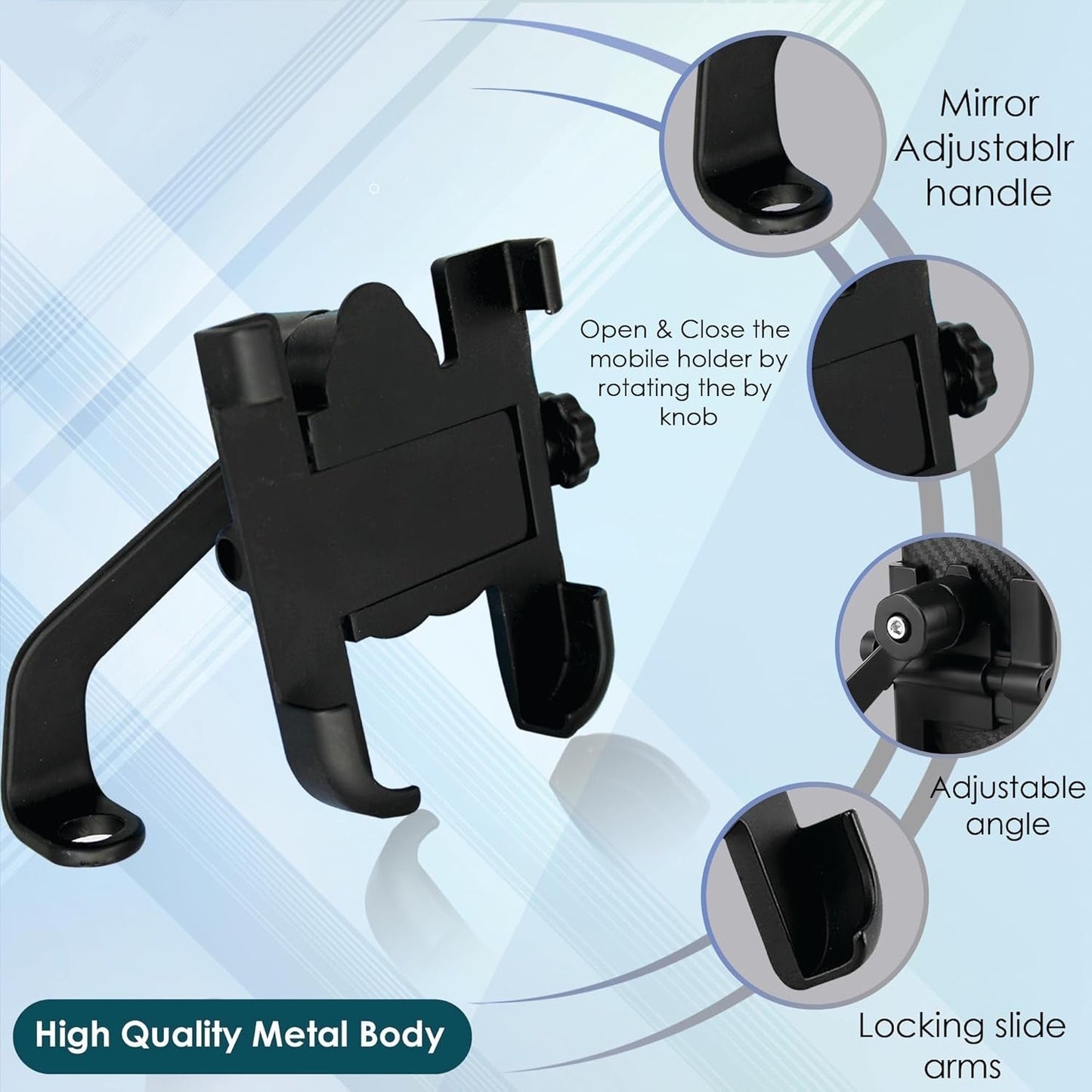 Mobile Phone Holder With Easy Adjustable Rear View Mirror Mount Solid Metal Cradle Stand Suitable for Bike & Mobile Phones
