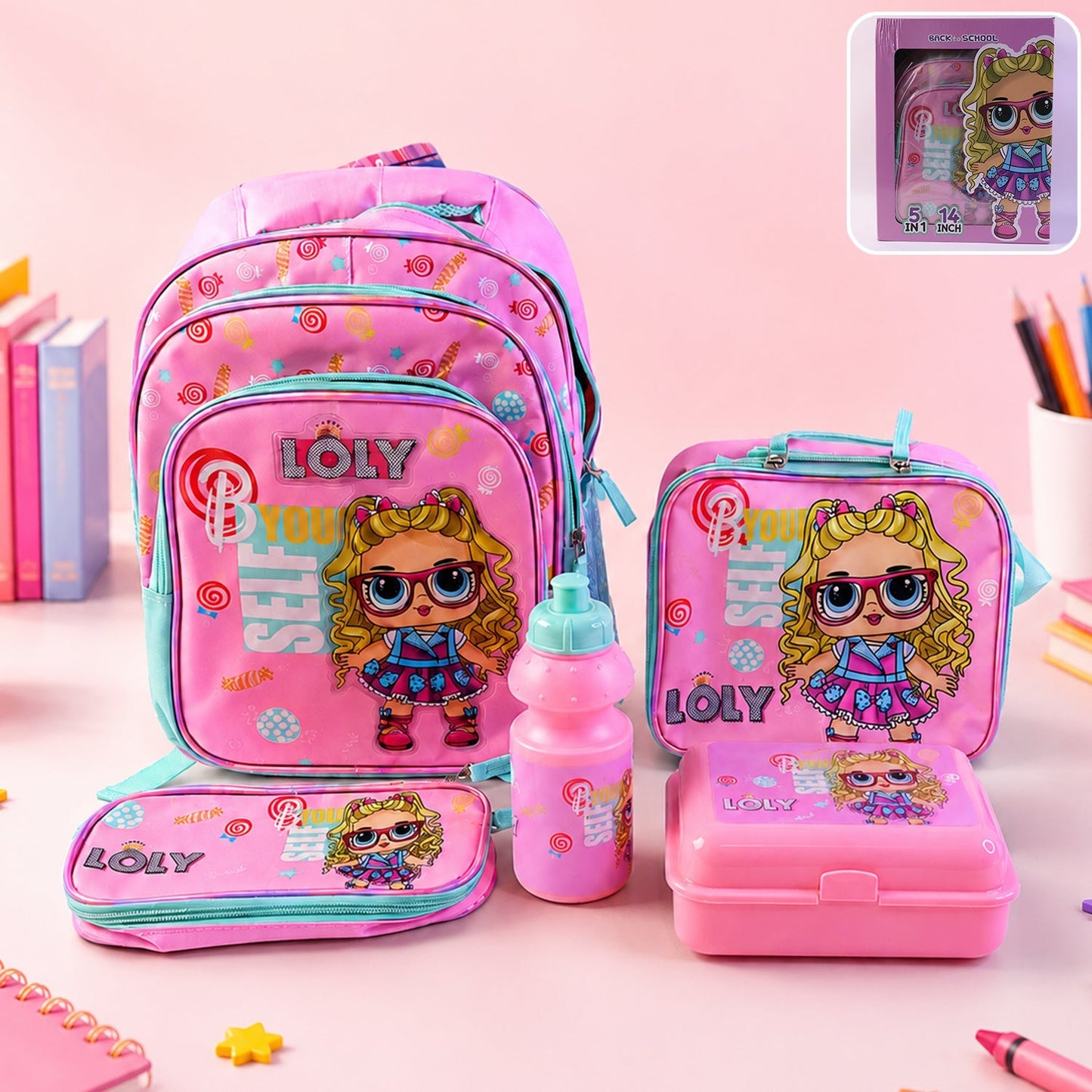 5 in 1 School Bag Set Includes Lunch Bag 14 Inch Bag 1 Set Mix