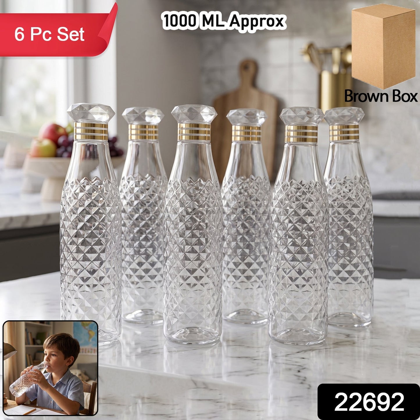 Premium Designer Transparent Water Bottle Set (6 Pc Set, 1000 ML Approx)