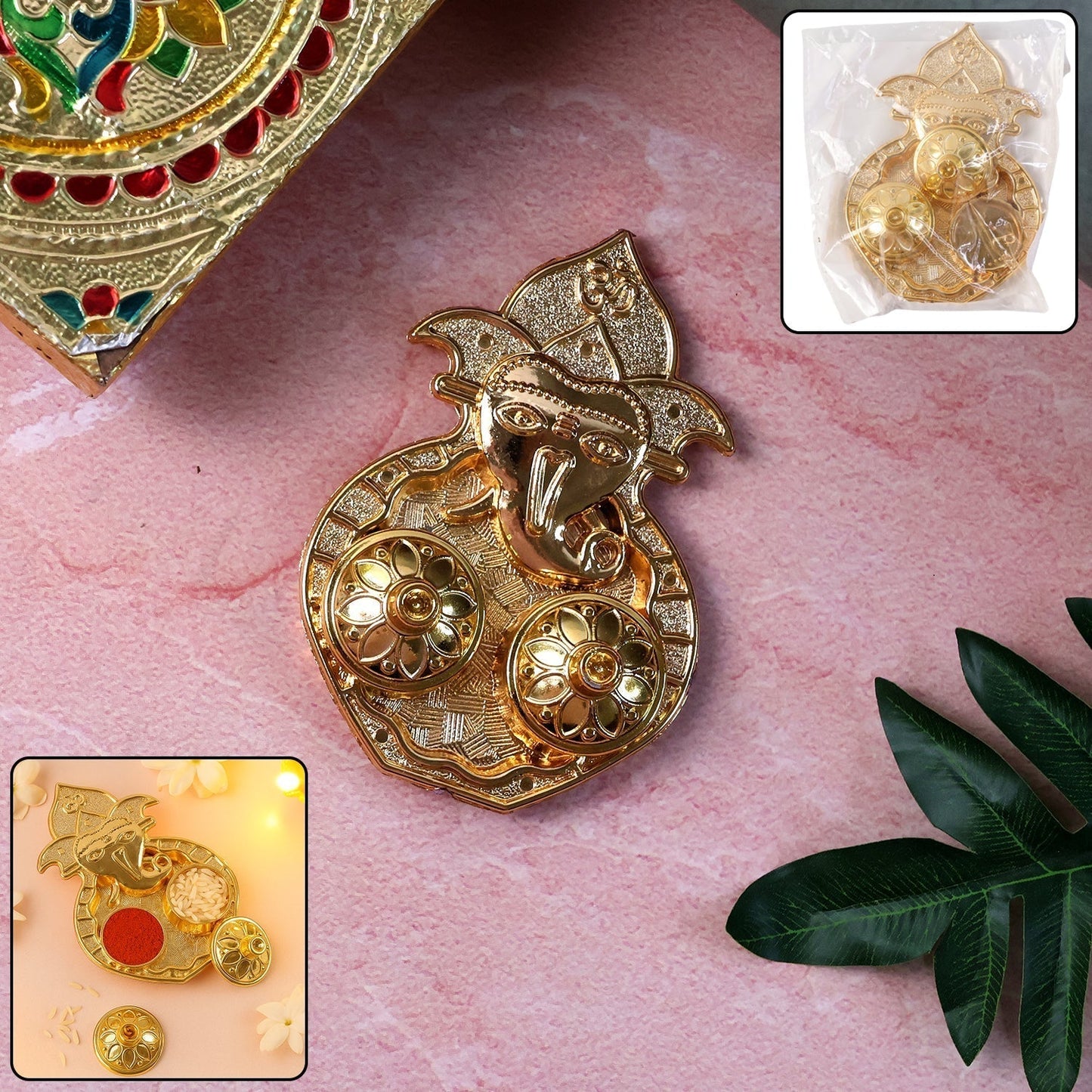 Traditional Golden Lord Ganesha Kumkum Dish (1 Pc)