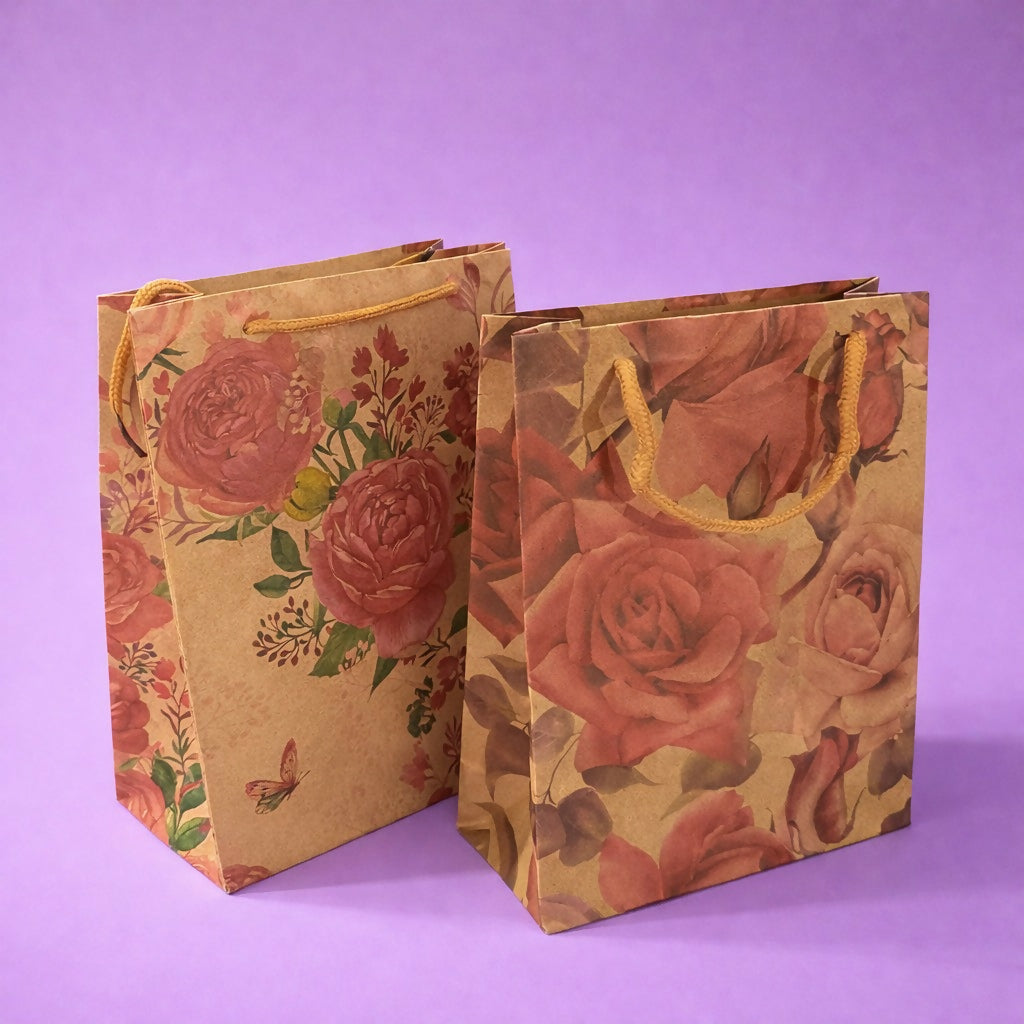 Small Floral Kraft Paper Gift Bags with Rope Handles Set of 4