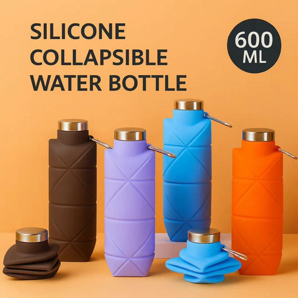 Blue Collapsible Silicone Water Bottle 600ml Leakproof Travel
