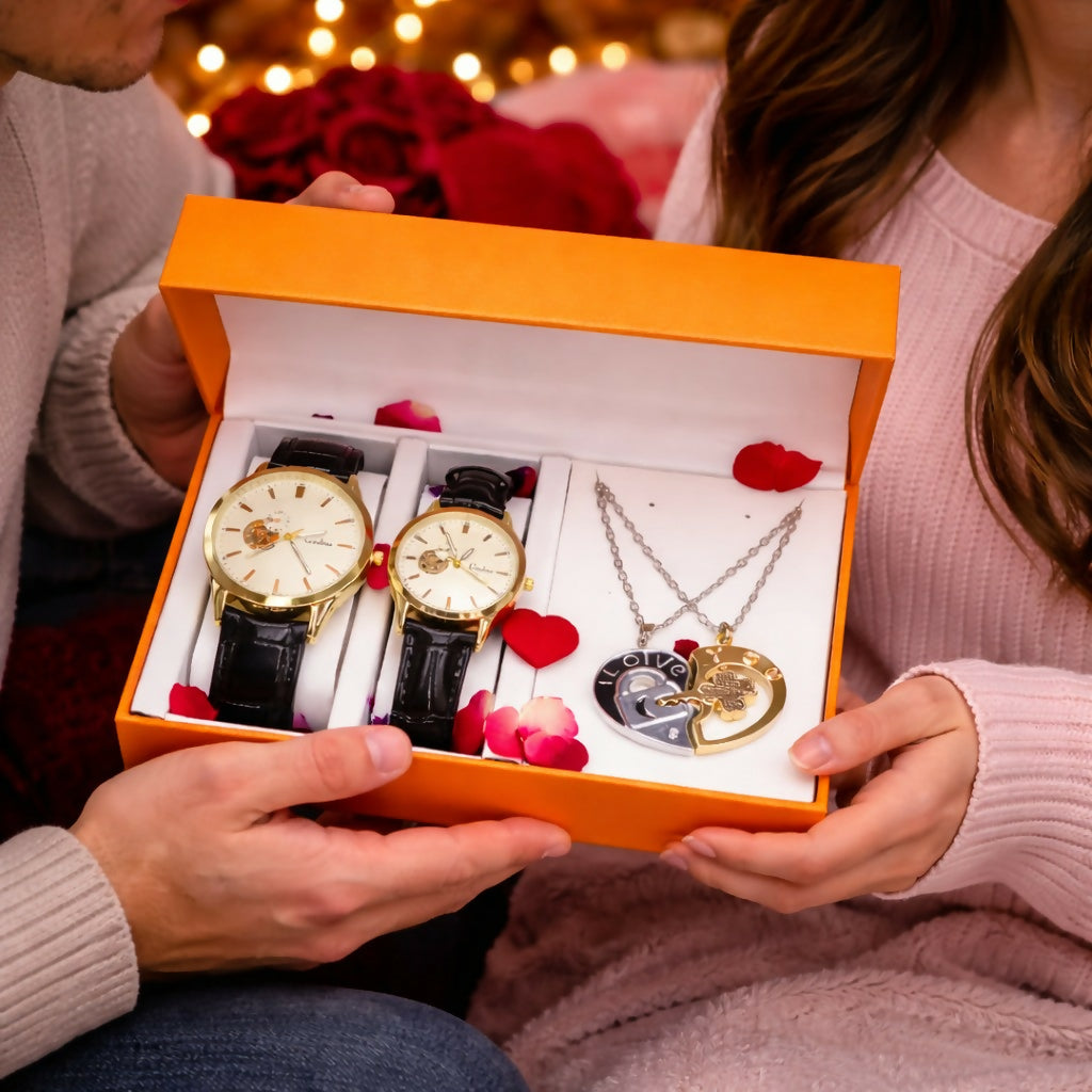 Couple Watch Set with Necklace Gift Box Luxury Combo