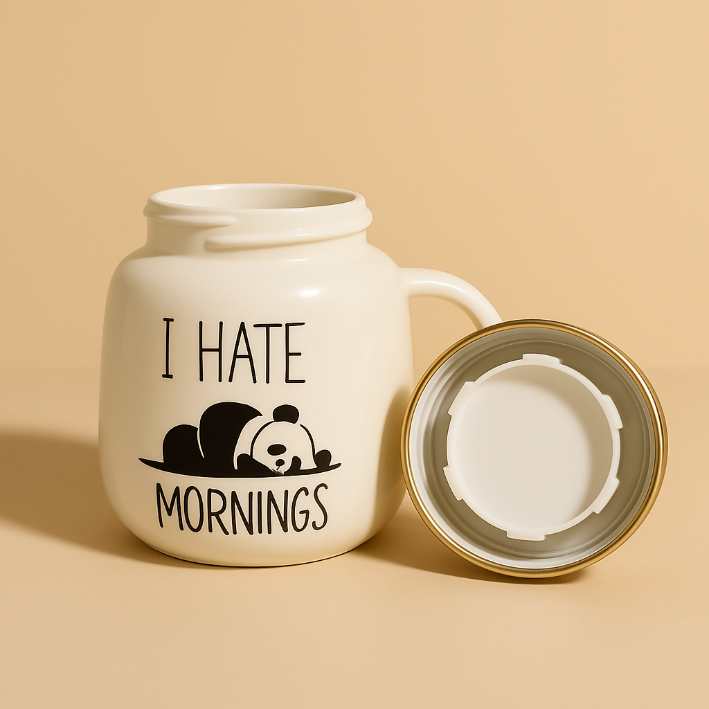 Cute Panda Ceramic Coffee Mug with Golden Lid – “I Hate Mornings†Design